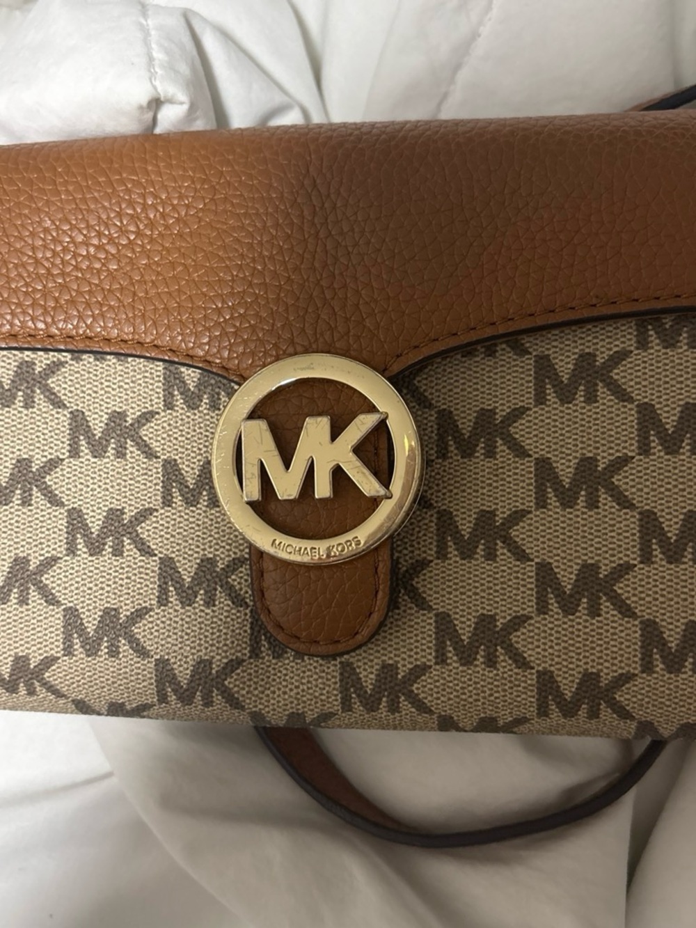 Michael Kors Brown Tan MK Logo Crossbody Bag with Gold Accent